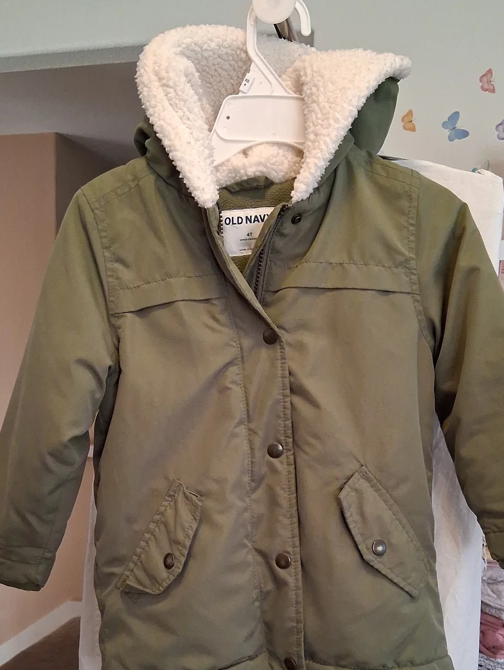 Old Navy Kids Olive Hooded Puffer Coat with White Sherpa Lining